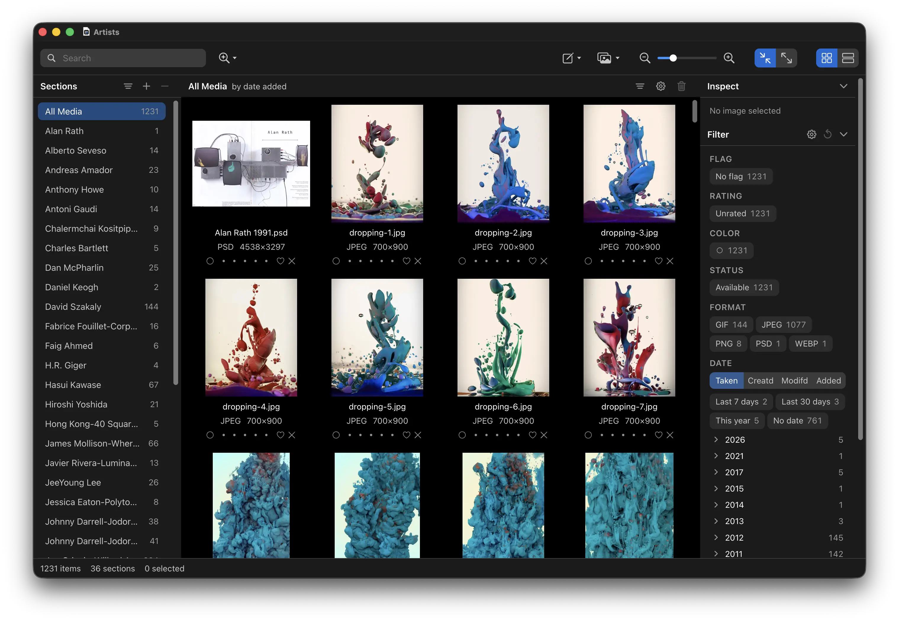 A MediaCatalog window showing a grid of thumbnails, with the sections sidebar on the left and the inspector on the right.
